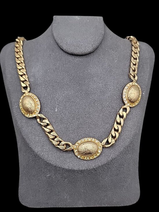 Bijoux Cascio Jewelry - Bijoux Cascio Chunky Enamel Rhinestone Station Choker Necklace 17" Gold Tone VTG